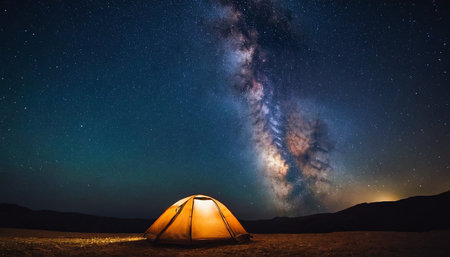 Beautiful milky way over a tent in the desert at nightの素材