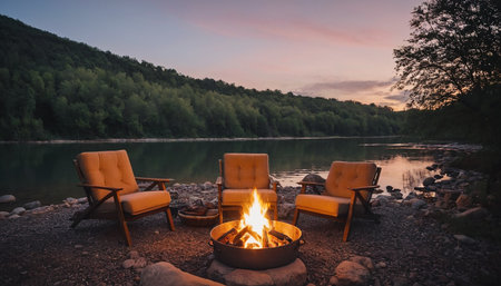 Camping on the shore of a mountain lake at sunset. Orange armchairs by the fire.の素材