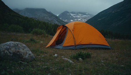 Orange tent in the mountains. Camping in the mountains in the evening.の素材