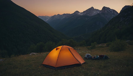 Camping tent in the mountains at sunset. Travel and nature concept.の素材