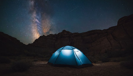 Tent in the desert with milky way and starry skyの素材