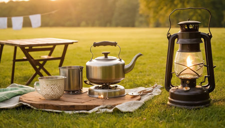 Coffee pot and vintage iron kettle on a picnic table in the gardenの素材