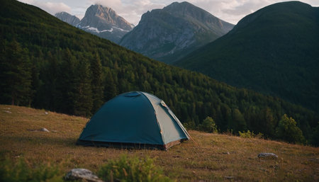 Camping in the mountains. Camping tent in the mountains.の素材