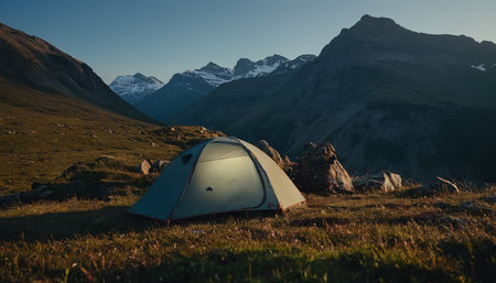 Camping in the mountains at sunset. Camping in the mountainsの素材