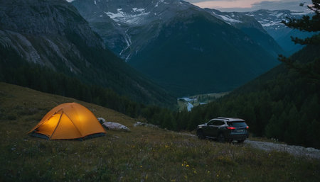 camping in the mountains at sunset, car and tent on the backgroundの素材