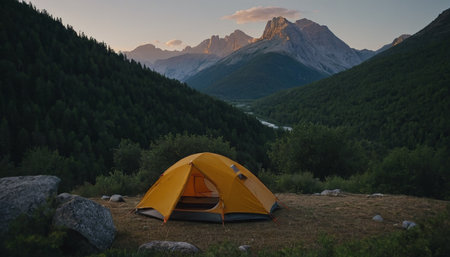 Camping in the mountains at sunset. Camping in the mountains.の素材
