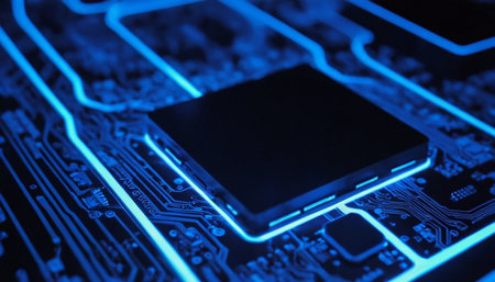 close up of electronic circuit board with microchips in blue lightの素材