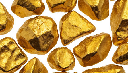 Gold nuggets isolated on white background. Golden ore or lump of gold stone.の素材