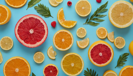 A vibrant collection of citrus fruits, red raspberries, and green leaves scattered across a blue background.の素材