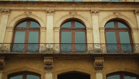 Close-up of arched windows and an ornate balcony on an old yellow building facade.の素材