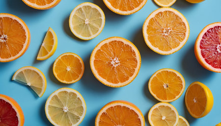 Overhead showing close up of citrus fruit halves and slices on a blue surface keywords: citrus, fruit, orange,...の素材