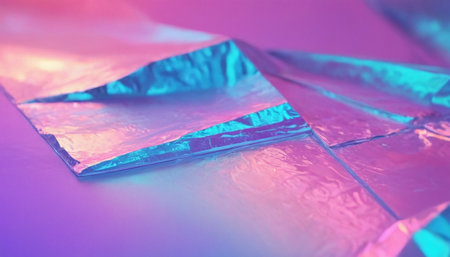 Close up of crumpled holographic foil with vibrant pink and blue light reflections creating an abstract texture.の素材