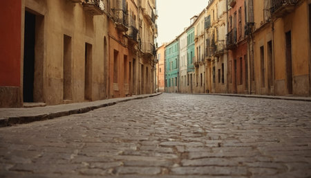 A cobblestone street with balconies and colorful buildings stretches through a European city.の素材