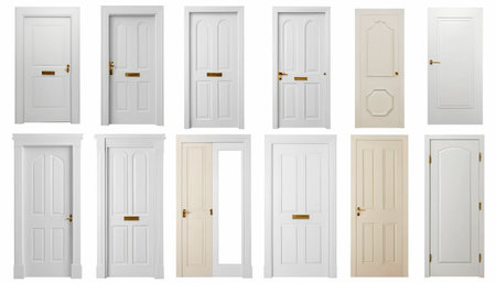 A collage of ten different white and cream interior doors with varied designs and hardware.の素材