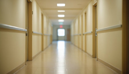 An empty hospital corridor with beige walls, wood doors, and handrails stretches into the distance.の素材