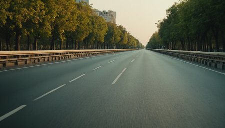 An empty tree-lined boulevard stretches into the distance with buildings visible under a warm sunset sky.の素材