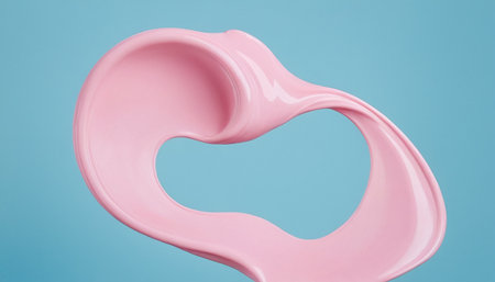 An abstract shape of pink liquid forming a smooth loop against a soft blue backdrop.の素材