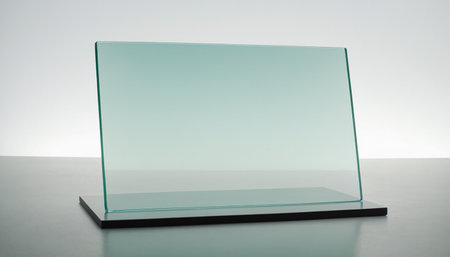 A clear glass plaque stands upright on a black base against a clean white background.の素材