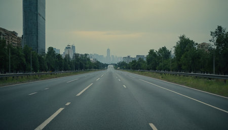 A highway leads towards a distant city skyline with tall buildings and green trees lining the sides.の素材