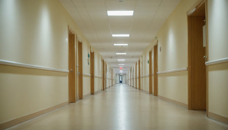 A long hospital hallway with numerous wooden doors and bright ceiling lights extending into the distance.の素材