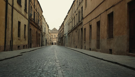 A narrow cobblestone street with old European buildings recedes into the distance towards a distant square.の素材