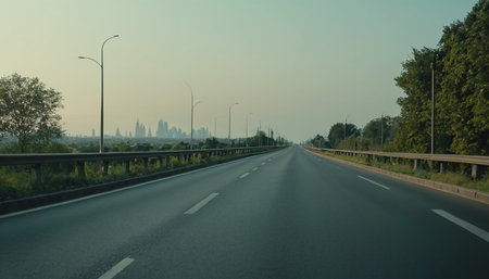An empty highway stretches towards a distant city skyline under a hazy sky with trees lining the sides.の素材