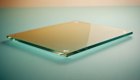 A rectangular glass shelf with teal edges and four clear feet rests on a teal surface.の素材