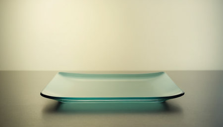 A rectangular light blue glass plate sits on a dark surface against a pale yellow background.の素材
