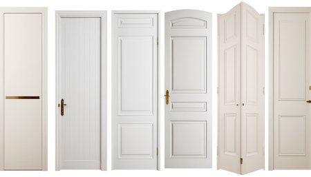 Six white interior doors with varied designs and gold handles are displayed on a white background.の素材