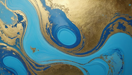 Abstract fluid art with swirling patterns of turquoise blue and metallic gold paint.の素材