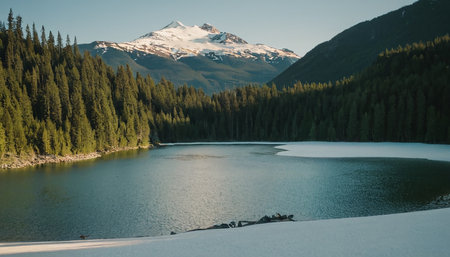 Mountain lake with snow and coniferous forest in the foregroundの素材