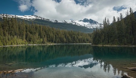 Mountain lake with clear turquoise water and snow-capped mountains in the backgroundの素材