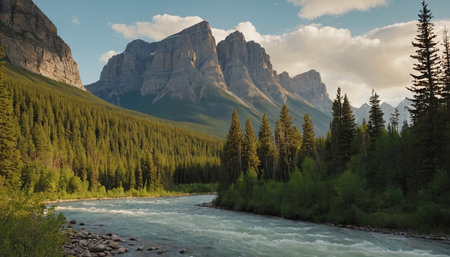 Panoramic view of the mountain river in the valley of the Canadian Rockiesの素材