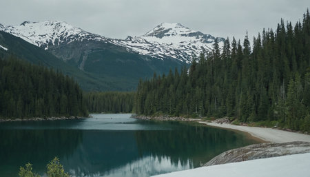 Mountain lake in the Canadian Rockies, Alberta, Canada. Cloudy day.の素材