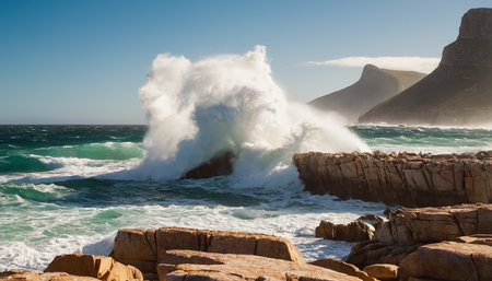 Waves breaking on rocks on a sunny day, Cape Town, South Africaの素材
