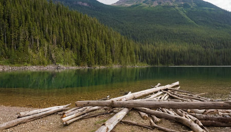 Landscape of a mountain lake with a log in the foreground.の素材