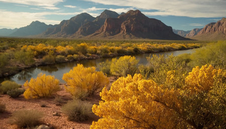 Desert landscape with river and mountains in the background, USA.の素材