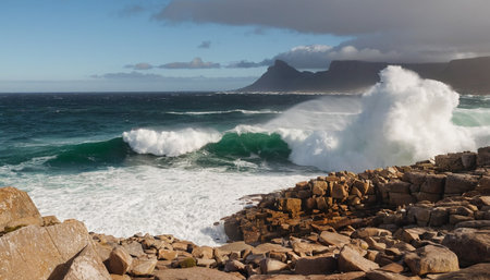 Waves crashing on the rocks in Cape Town, South Africa.の素材