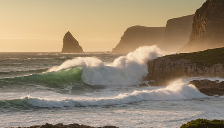 Rugged Atlantic Ocean Coastline at Sunrise, Northern Portugal.の素材