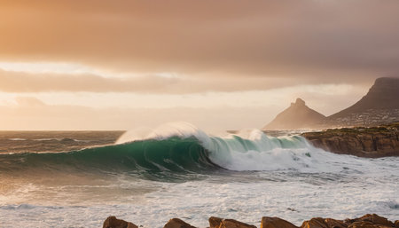 Beautiful view of the Atlantic Ocean waves crashing on the rocks at sunset, Cape Town, South Africaの素材