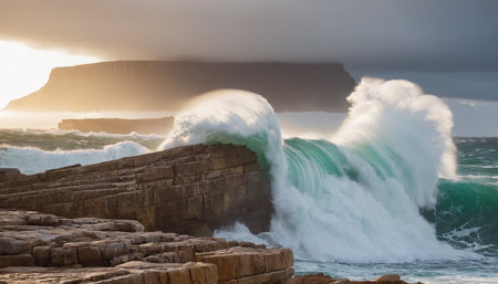 Stormy Atlantic ocean waves crashing on rocks at sunset, South Africaの素材