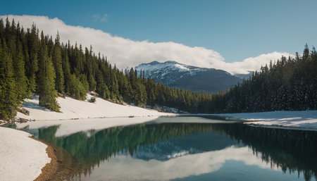 Mountain lake with snow and coniferous forest in the backgroundの素材