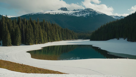 Mountain lake with snow and pine forest in the foreground, Canadian Rockiesの素材