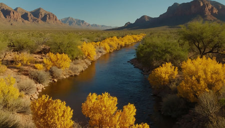 Aerial view of the Colorado river with yellow aspen trees in the foreground.の素材