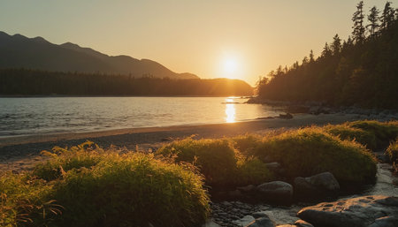 Sunset on the shore of a mountain lake in the Altai Republicの素材