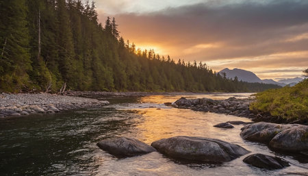 Mountain river at sunset. Altai, Siberia, Russia.の素材