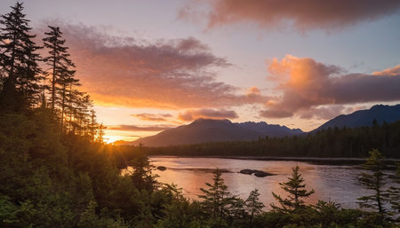 Sunset in Glacier National Park, Montana, USA. Beautiful sunset over the river.の素材