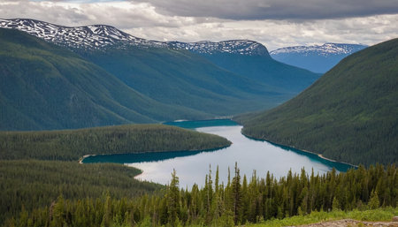 Panoramic view of the Bow Lake in Jasper National Park, Alberta, Canadaの素材