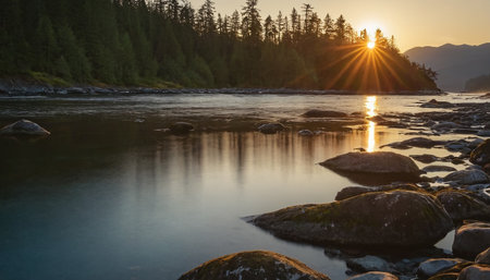Sunset over the mountain river in the Altai Republic, Russiaの素材