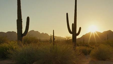 Saguaro National Park at sunset, Tucson, Arizona, USAの素材